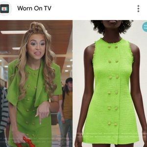 Zara Lime Green Neon Tweed Textured Dress Double Breasted Gold Buttons sz XS